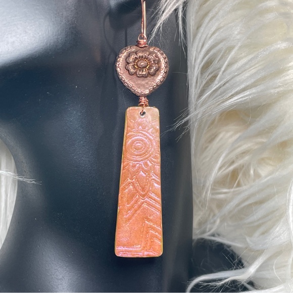 Hand Crafted Copper and Pink Dangle Embossed Resin Heart Earrings - Picture 7 of 13